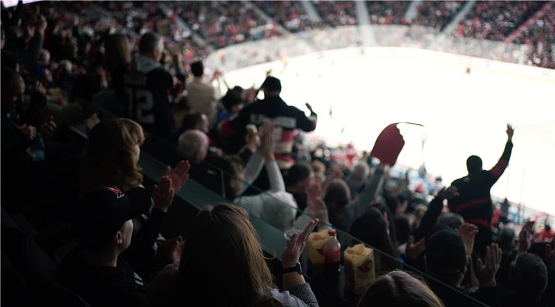 Crowd of spectators in an arena watching a live ice hockey game, some standing and cheering, others seated with snacks.